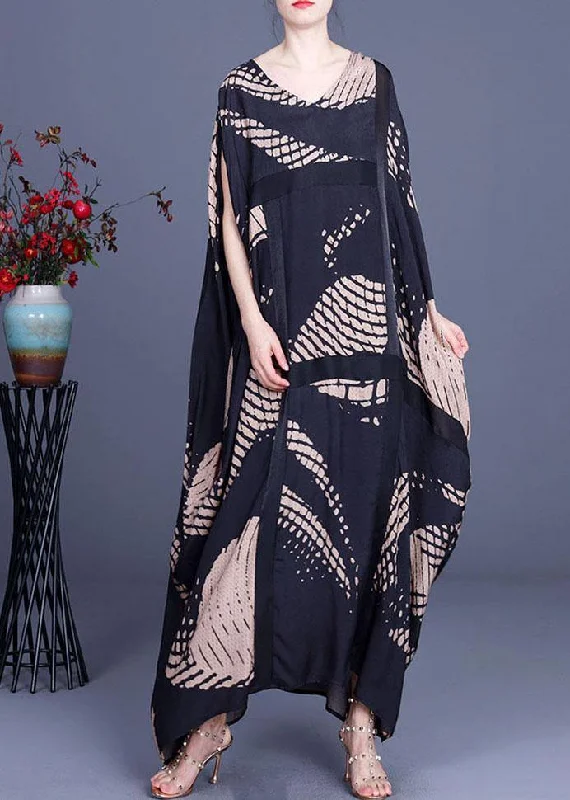 Loose Black Print O-Neck Batwing Sleeve Silk Dresses Summer Floral unclassified dresses