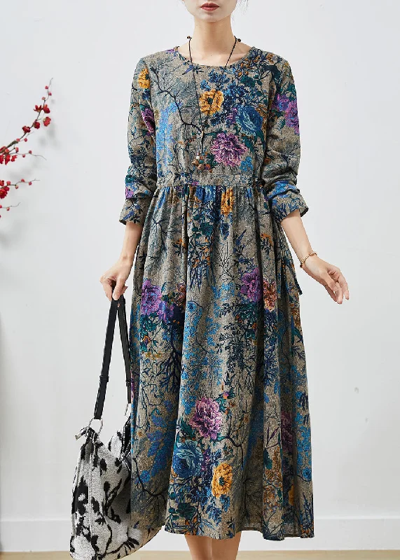 Boho Peacock Blue Cinched Print Cotton Dress Spring Festival unclassified dresses