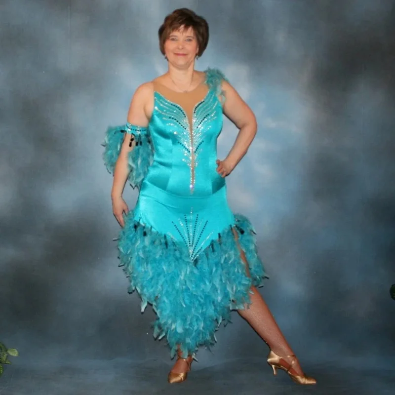 Turquoise Latin-Rhythm Dress with Feathers, Rhinestones & Spangles on Sale-Aiyana Discounted unclassified dresses