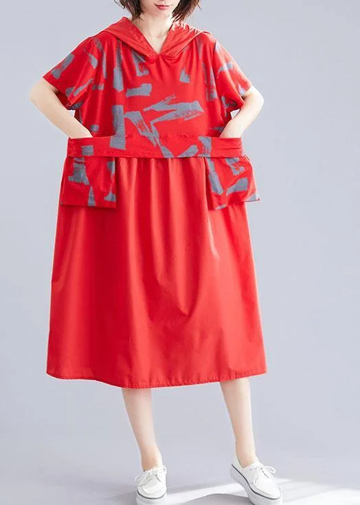 Unique patchwork cotton clothes Shape red hooded loose Dresses summer Lightweight unclassified dresses