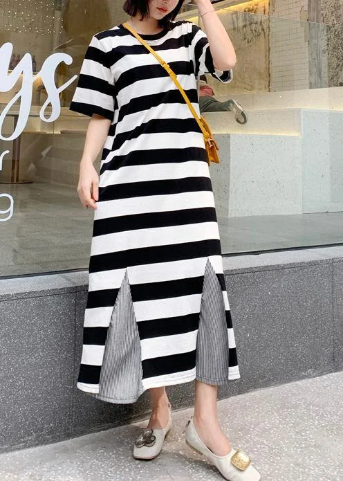 Modern striped cotton tunic pattern patchwork hem Robe summer Dresses High-end unclassified dresses