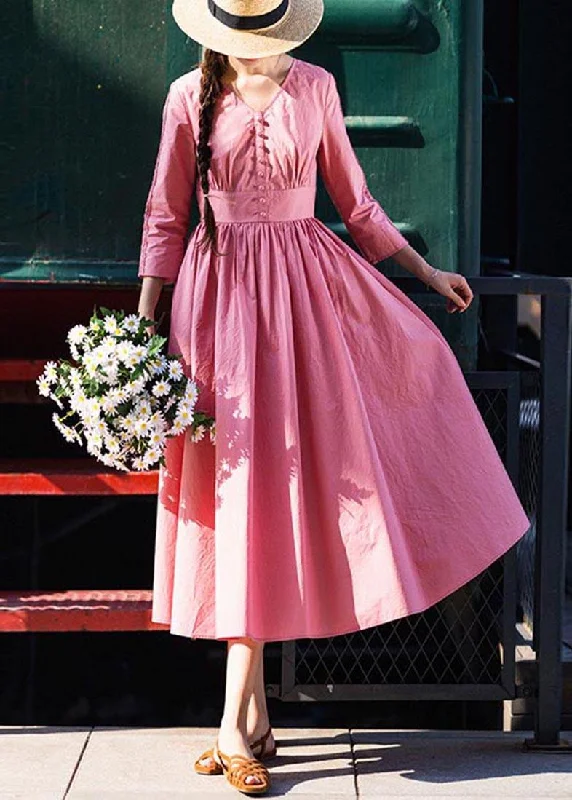 Stylish Pink Button V Neck Mid Summer Cotton Dress Denim unclassified dresses