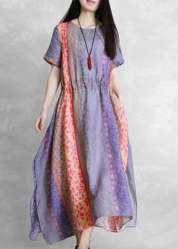 Handmade purple print dress o neck drawstring Robe Dress Short unclassified dresses