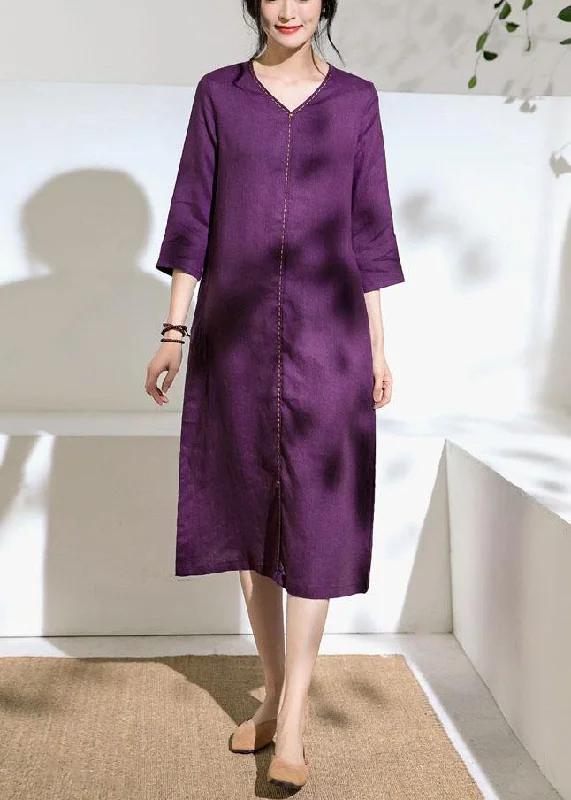 Beautiful purple linen Robes v neck tie waist Dress Tulle unclassified dresses