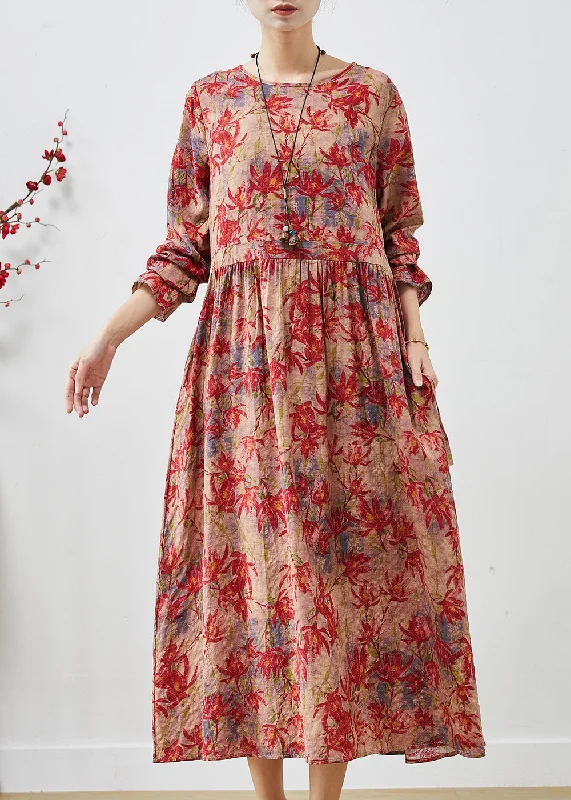 Classy Red Cinched Print Cotton Holiday Dress Spring Vacation unclassified dresses