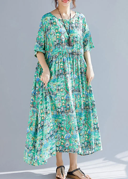 Organic green print linen Wardrobes Vintage design o neck Cinched Robe Summer Dresses Beach unclassified dresses