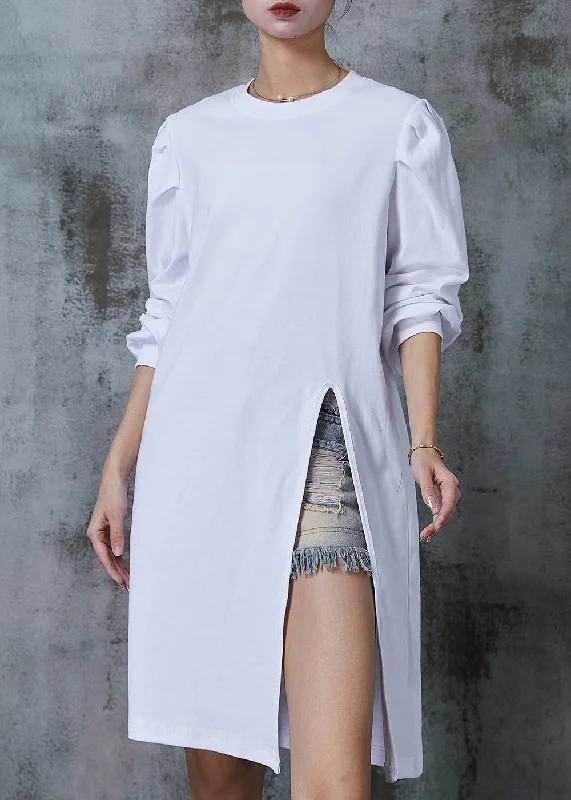 Fashion White Puff Sleeve Side Open Cotton Dress Spring Best-selling unclassified dresses