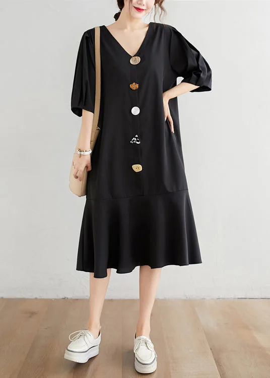 Modern Black V Neck Ruffles Button Chiffon Dresses Half Sleeve Anniversary unclassified dresses