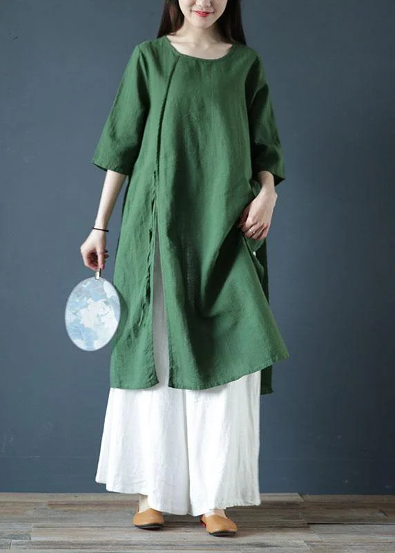 Natural green linen dresses o neck side open cotton Dress Corset unclassified dresses