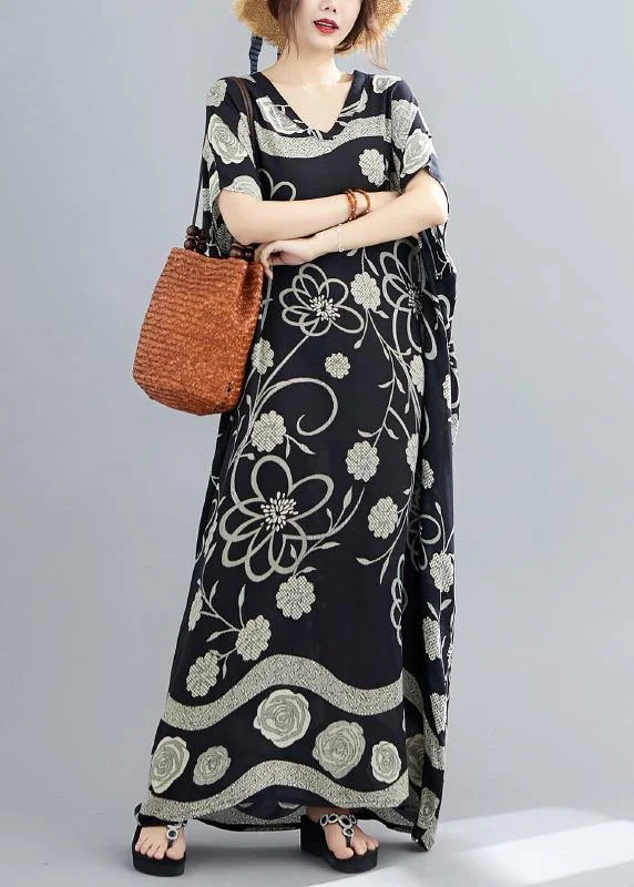 Women Black Print V Neck Batwing Sleeve Robe Spring Dress Halter unclassified dresses Women Black Print V Neck Batwing Sleeve Robe Spring Dress Halter unclassified dresses