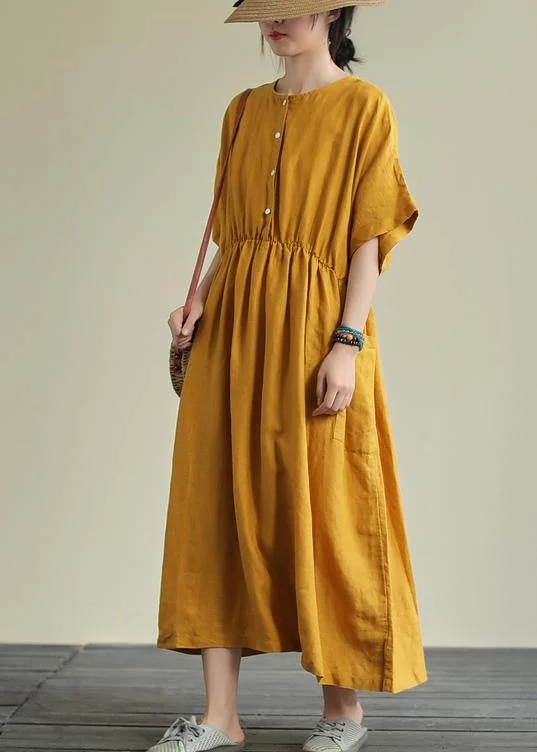 Natural yellow linen outfit o neck elastic waist linen robes summer Dresses Lounge unclassified dresses Natural yellow linen outfit o neck elastic waist linen robes summer Dresses Lounge unclassified dresses