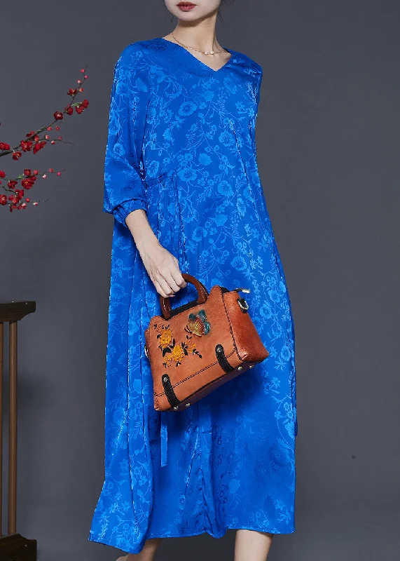 Bohemian Blue Tie Waist Print Silk Dress Spring Trendy unclassified dresses