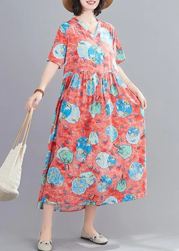 Handmade red print Tunics v neck Cinched Robe summer Dresses Women's unclassified dresses