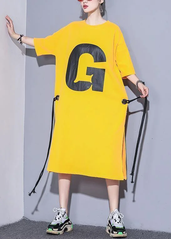 DIY yellow o neck cotton quilting dresses side open Robe summer Dresses Halter unclassified dresses