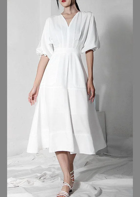 Comfy White V Neck Cotton Lantern sleeve Summer Dress Metallic unclassified dresses