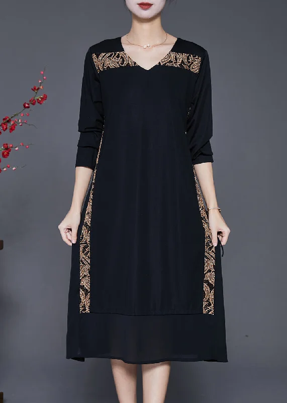 Art Black V Neck Patchwork Chiffon Fake Two Piece Dress Fall Tiered unclassified dresses