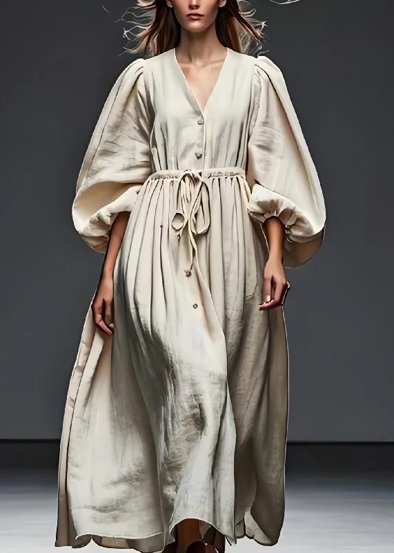 Art Beige V Neck Drawstring Patchwork Cotton Dress Lantern Sleeve Holiday unclassified dresses Art Beige V Neck Drawstring Patchwork Cotton Dress Lantern Sleeve Holiday unclassified dresses