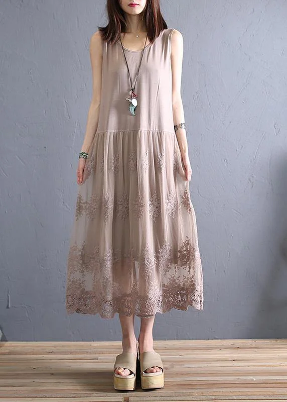 Elegant khaki embroidered cotton ting sewing clothes o patchwork summer dress Earthy tone unclassified dresses
