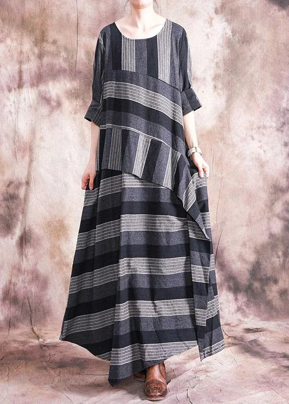 Women patchwork linen clothes Sewing gray striped Dress fall Winter unclassified dresses