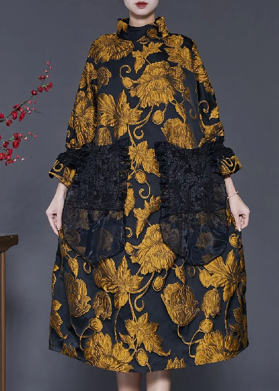 Style Yellow Jacquard Patchwork Pockets Cotton Dress Spring Bodycon unclassified dresses