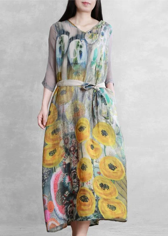 French v neck tie waist clothes Photography yellow print Dress Plus size unclassified dresses French v neck tie waist clothes Photography yellow print Dress Plus size unclassified dresses