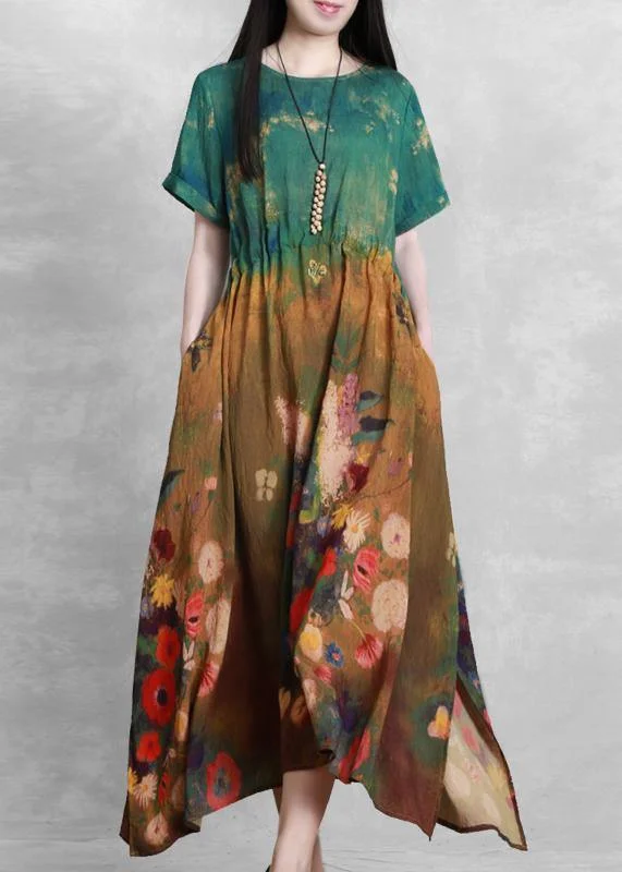 French o neck summer dress yellow green print Dress Wrap unclassified dresses