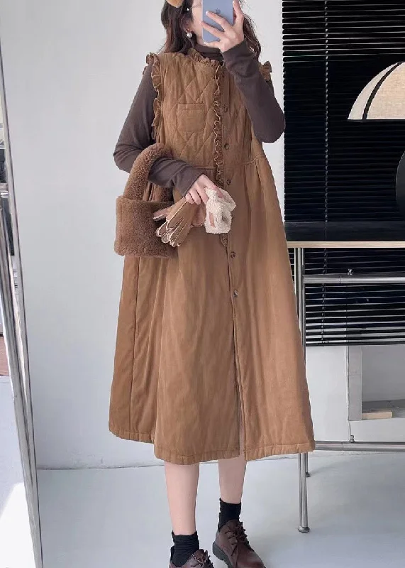 Classy Khaki Ruffled Button Cotton Filled Waistcoat Dresses Sleeveless Comfortable unclassified dresses