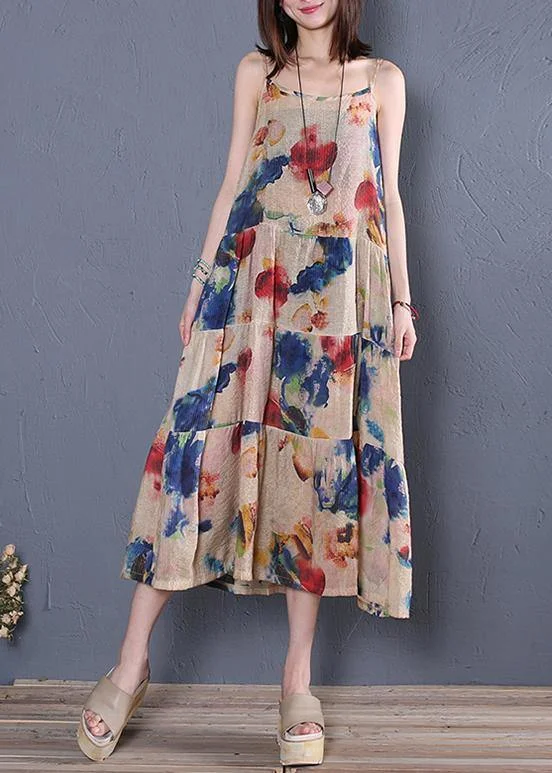 DIY navy print cotton dress Spaghetti Strap patchwork A Line summer Dress Neutral tone unclassified dresses