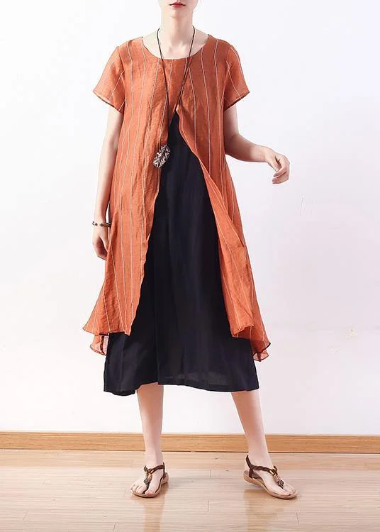 Natural yellow striped blended tunics for women false two pieces cotton summer Dress High-end unclassified dresses Natural yellow striped blended tunics for women false two pieces cotton summer Dress High-end unclassified dresses