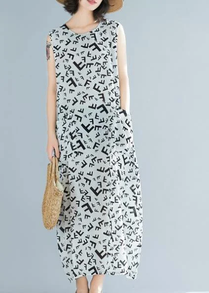 Women o neck sleeveless cotton summer clothes pattern white print Art Dress Tulle unclassified dresses