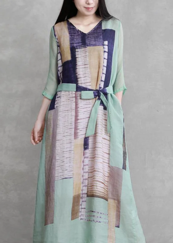 Chic o neck tie waist dresses Runway blue pink abstract Dress Tiered unclassified dresses