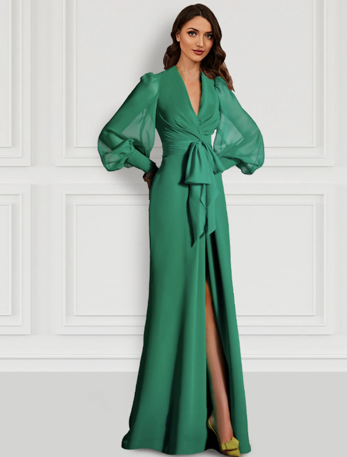 Mermaid / Trumpet Evening Gown Elegant Dress Formal Wedding Guest Sweep / Brush Train Long Sleeve V Neck Fall Wedding Guest Chiffon with Slit Strappy Elegant Bridal Gown