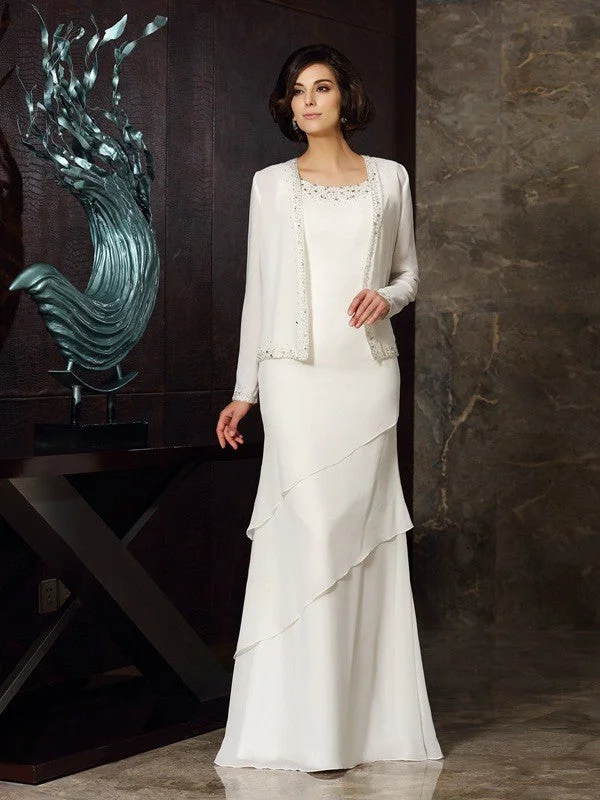 Mother of the Bride Dresses Sheath/Column Beading Sleeveless Long Chiffon Preppy maxi dresses