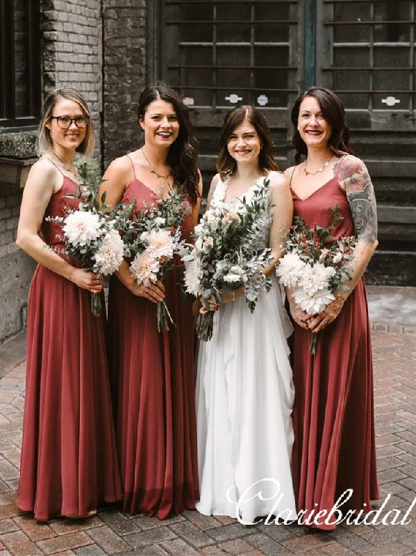 Rust Red A-line V-neck Simple Long Bridesmaid Dresses Y2K maxi dresses