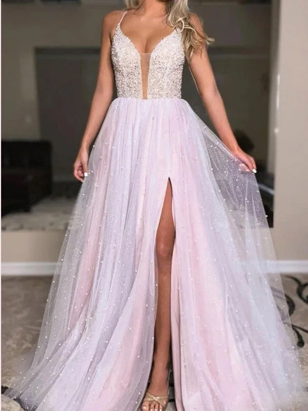 Spaghetti Straps Beads 2021 Prom Dresses, Side Slit A-line Long Prom Dresses, Girl Dresses Boho maxi dresses