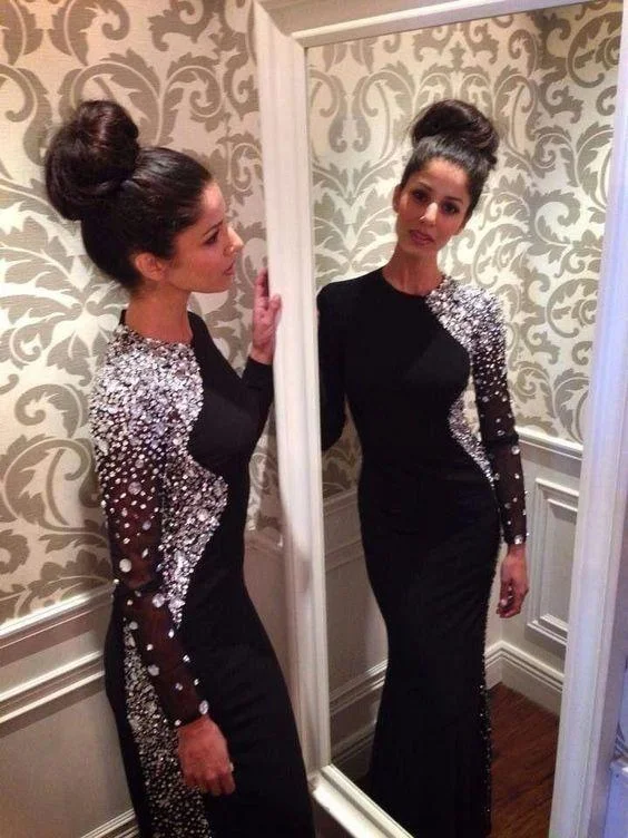 black prom dress, long prom dress, long sleeves prom dress, beaded prom dress, unique evening dress, BD521 Affordable maxi dresses