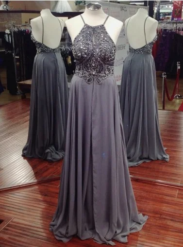 gray prom dress, long prom dress, chiffon prom dress, beaded prom dress, spaghetti evening dress, BD524 Expensive maxi dresses