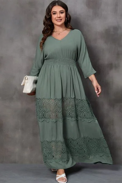 Blue Zone Planet |  Plus Size Tied V-Neck Smocked Crochet Maxi Dress Cheap maxi dresses