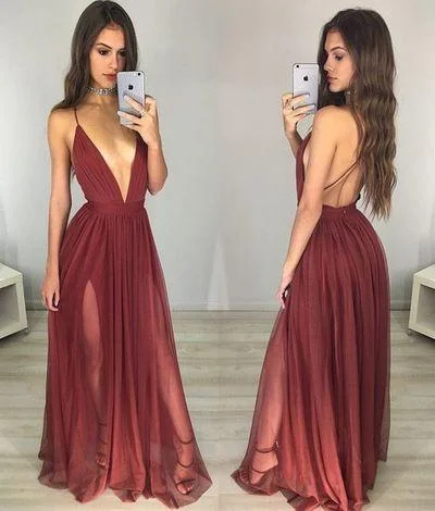 burgundy prom dress, v-neck prom dress, long evening dress, open back prom dress, BD541 Women's trendy maxi dresses sale