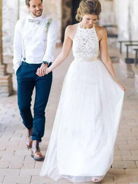 Beautiful Wedding Dresses Halter A-line Floor-length Tulle Lace Bridal Gown JKW120 Wedding Gown Set
