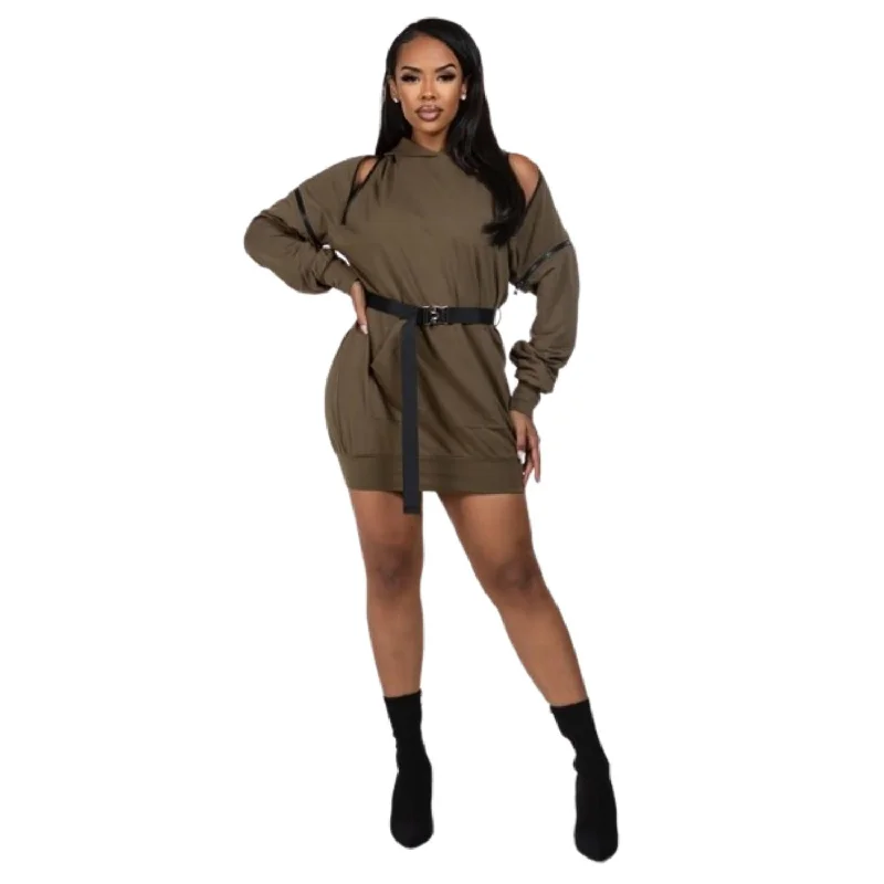 Double Zipper Long Sleeve Hooded Mini Dress--Printed Denim Skirt