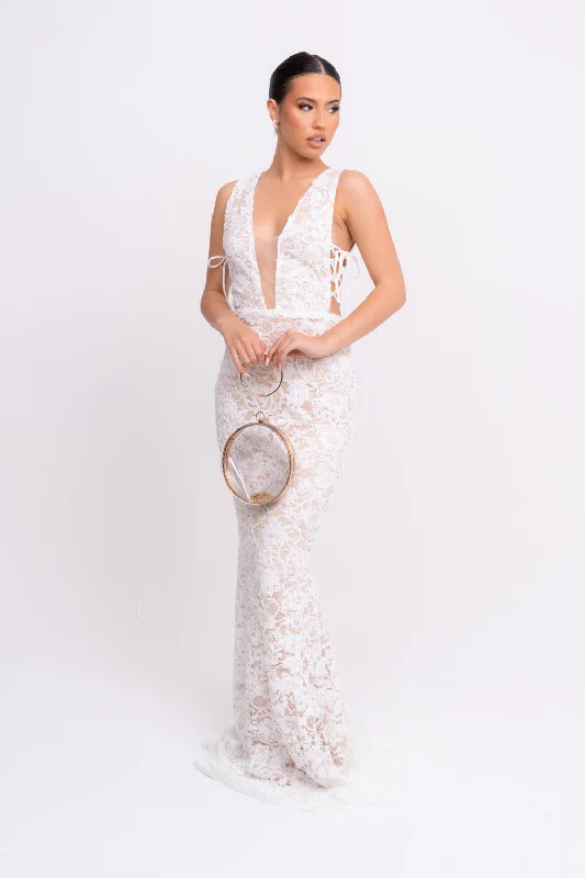 Flora White Luxe Deep Plunge Tie Side Floral Lace Sequin Embellished Maxi Dress Pleated Maxi Skirt