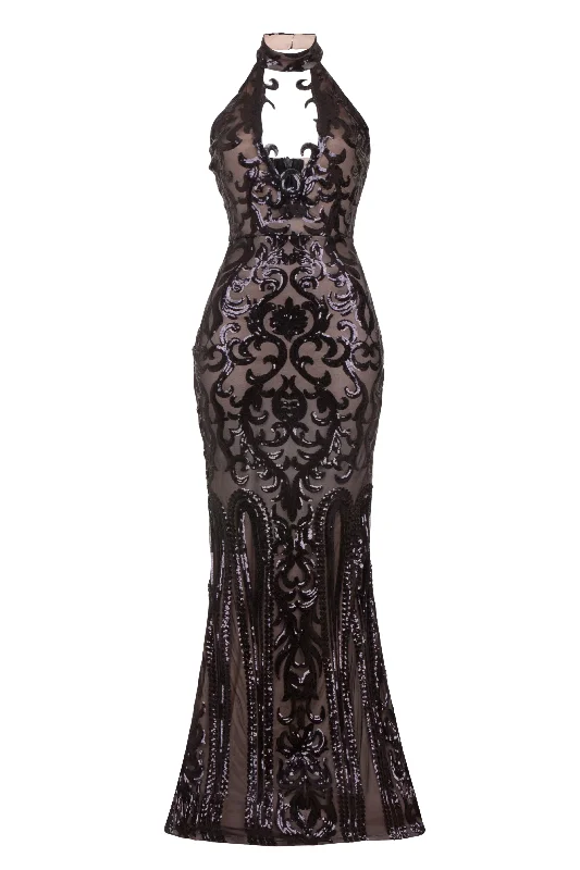 Majesty Luxe Black Nude Keyhole Victorian Sequin Illusion Maxi Dress Front Slit Skirt